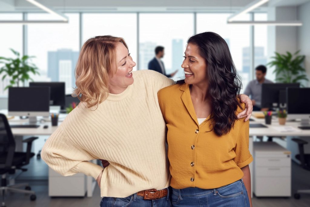 twee vrouwen vrolijk op kantoor